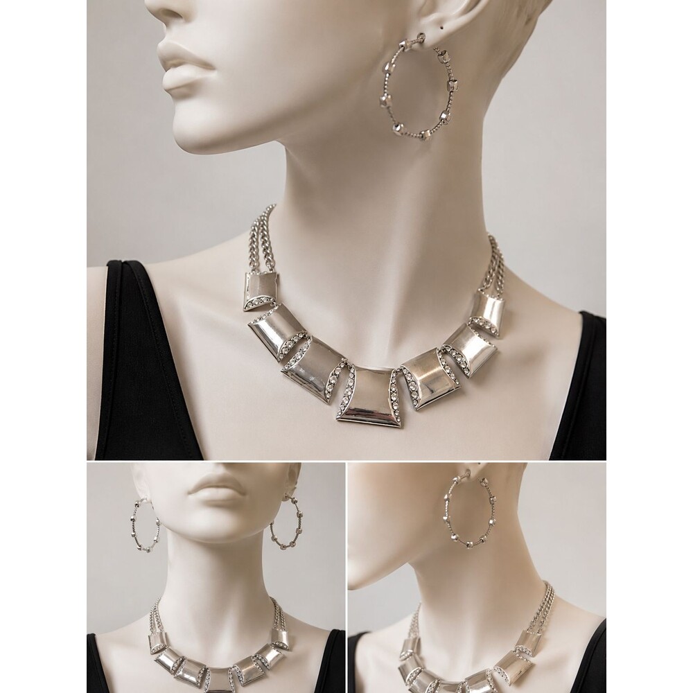 Vintage JLO by Jennifer Lopez Silver Tone Geometric Panel Choker Necklace Ring &